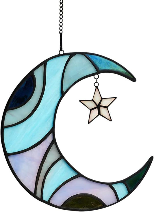 Stars and Moon Stained Glass Suncatcher - Window Decor Gift for Home Indoor - Crescent Moon and Star Decorations for Women