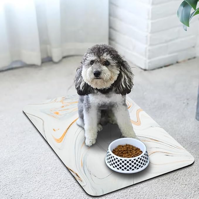 Dog Food Mats for Floors Waterproof, Dog Cat Water Bowl Mats Pet Feeding Absorbent Mat Dog Cat Pet Placemats for Food and Water Marble 17 * 30 inch