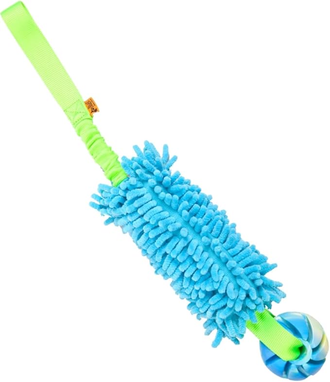 Dingo tug Toy for Dog, for Outdoor Indoor Play and tug of war, Bungee Handle, Soft Shaggy Nubby Like Plush Noodle and TPR Rubber Ball, Blue 15587