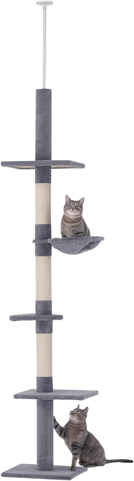 PawHut 102" Adjustable Height Floor to Ceiling Cat Tree, 5 Level Cat Tower with Scratching Posts, Hammock, Gray