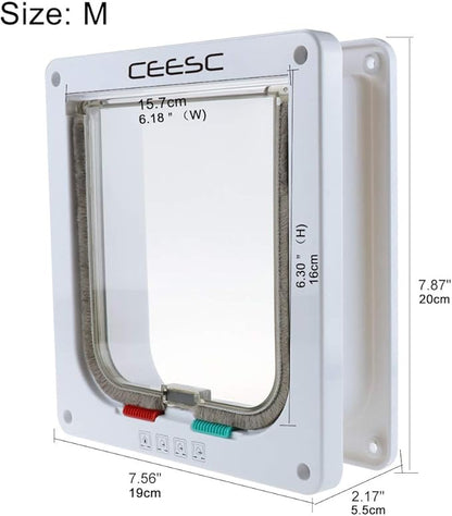 CEESC Cat Flap Door Magnetic Pet Door with 4 Way Lock for Cats, Kitties and Kittens, 3 Sizes and 2 Colors Options (M- Inner Size: 6.18"(W) x 6.30"(H), White)
