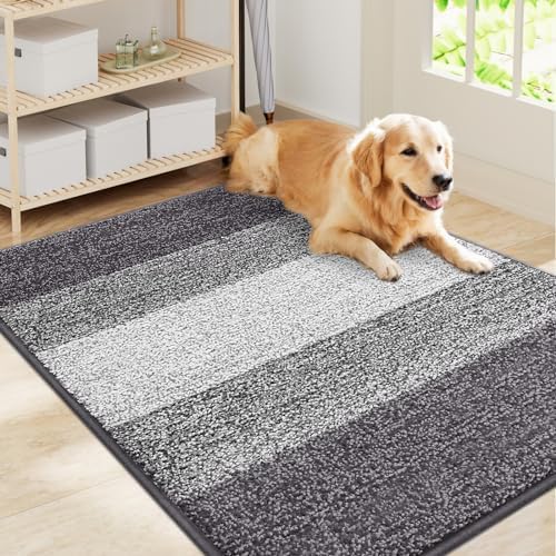 Smiry Dog Door Mat for Muddy Paws, Absorbs Moisture and Dirt, Low-Profile Entryway Mat with Non-Slip Backing, Entry Indoor Outdoor Doormat for Inside Floor (40x32 Inches, Light Grey, Striped)