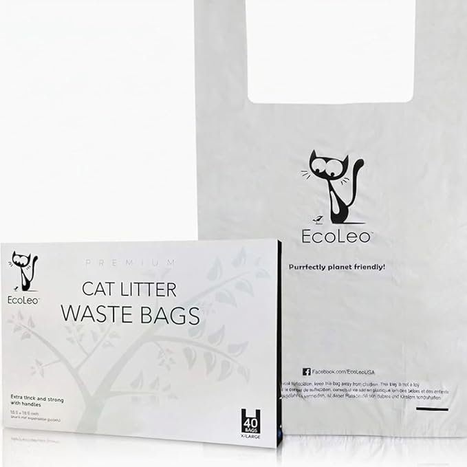 Cat Litter Waste Poop Bags - XL, Thick Pet/Dog Poo Bags with Easy-Tie Handles,10.5 x 18.5 inch, White, EcoLeo