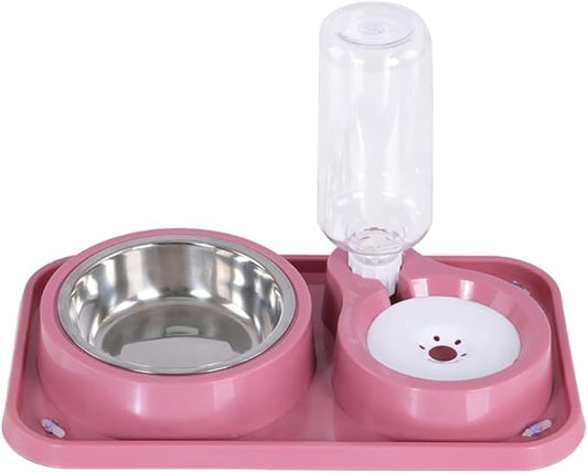 Dog Bowls, Non-Slip Puppy Cat Food and Water Bowl Set with Water Dispenser and Stainless Steel Bowl Detachable Gravity Pet Feeder and Waterer Set for Cats Dogs Puppy Rabbit (Pink, 500ML)