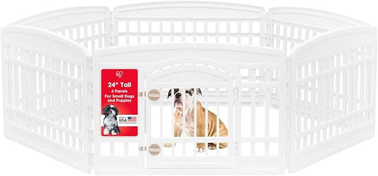 IRIS USA 24" Dog Playpen 6-Panel Pet Exercise Pen with Door Gate 61x61x24 Puppy Play Pen Indoor Outdoor Plastic Heavy Duty Foldable Portable Pet Fence for Small Medium Dogs Puppies Multiple Pets White