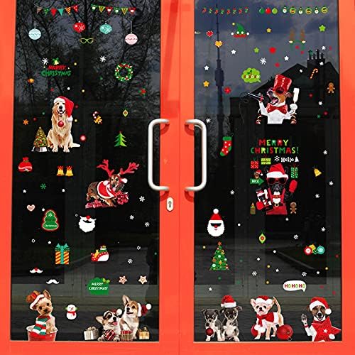 Christmas Window Cling Dog Stickers for Window Glass, 164 PCS 9 Sheets Xmas Decals Decorations Christmas Dog Tree Bells Decals for Holiday Party