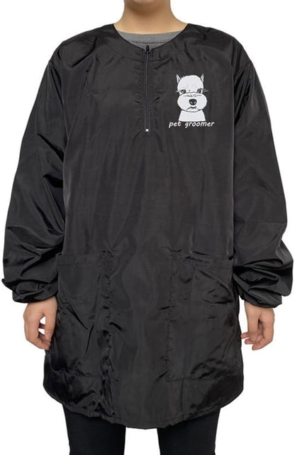 Dog Grooming Smock for Men Women, Anti-Static Smock for Pet Shop Dog Cat Grooming Bathing, Long Sleeves, Water Resistant and Hair Proof, (Black with Print Schnauzer XL)