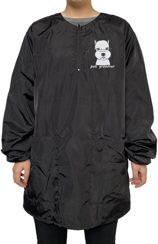 Dog Grooming Smock for Men Women, Anti-Static Smock for Pet Shop Dog Cat Grooming Bathing, Long Sleeves, Water Resistant and Hair Proof, (Black with Print Schnauzer XL)