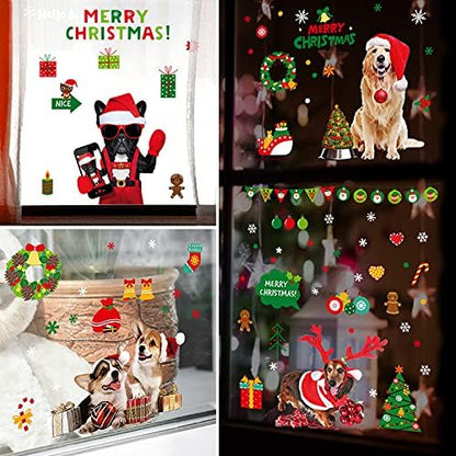 Christmas Window Clings Cat Dog Stickers for Window Glass, 290 PCS 18 Sheets Xmas Decals Decorations Christmas Cat Tree Bells Decals for Holiday Party(Dog and Cat)