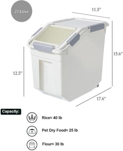 HANAMYA 25 Liter / 40 lbs Rice Storage Container with Measuring Cup, BPA free, For Rice | Grain | Pet Food | Flour, 1 count, White