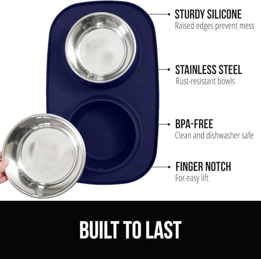 GORILLA GRIP Feeding Mat Bowl Set, 100% Waterproof BPA Free Silicone, 304 Stainless Steel Cat and Dog Bowls for Food and Water, Slip Resistant, High Edge, US Designed, Patent Pending, 2 Cup Navy Blue