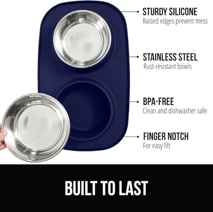 GORILLA GRIP Feeding Mat Bowl Set, 3 Cup 100% Waterproof BPA Free Silicone, 304 Stainless Steel Cat and Dog Bowls for Food and Water, Slip Resistant, High Edge, US Designed, Patent Pending, Navy Blue