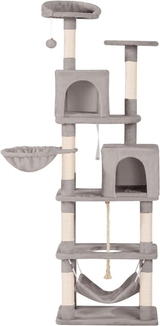 68-Inch Cat Tree Tower for Large Cats, Climbing Tower for Indoor Adult Cats,Activity Center,5 Scratching Posts, 2 Perches, 2 Caves, Hammock (Light Gray)