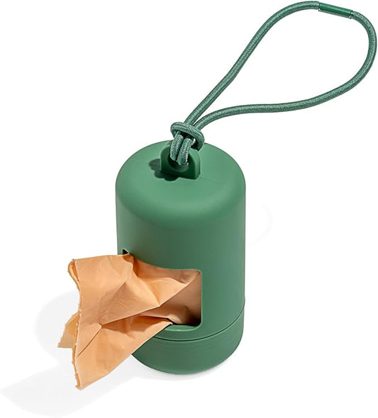 Wild One Dog Poop Bag Holder and Dispenser with Leash Attachment, Leak Proof, Easy Twist Top for Refills, Includes 1 Roll Bags, Spruce