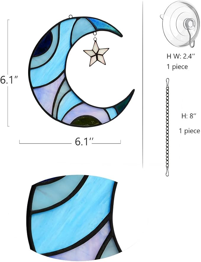Stars and Moon Stained Glass Suncatcher - Window Decor Gift for Home Indoor - Crescent Moon and Star Decorations for Women