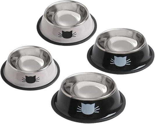 Cat Bowls for Food and Water,4PCS Rapsrk Non-Slip Stainless Steel Small Food Bowls 8 Oz Pet Bowl with Removable Rubber Base Dog Bowl,Stackable Cat Puppy Dishes Bowls with Cute Cats Painted