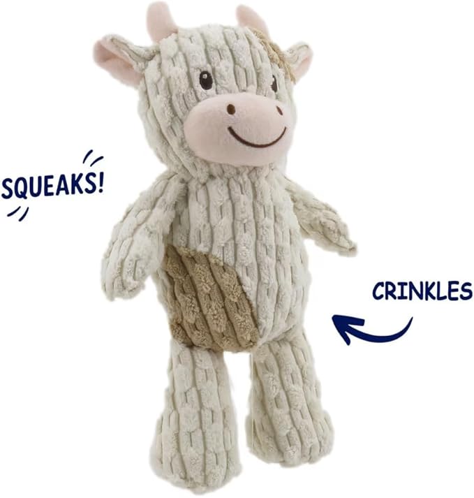 Linzy Plush Cow Dog Toy, Soft Squeaky Chew Toy for Small Medium Large Dogs, White and Tan, Interactive Pet Toy, 12 Inch