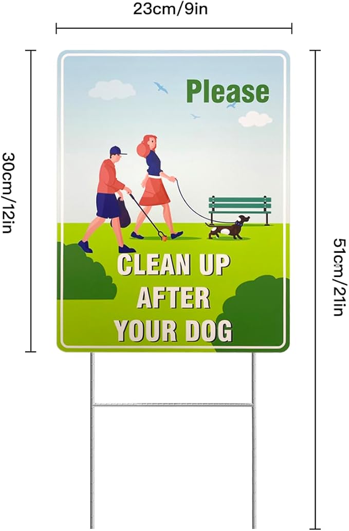 2-Pack Clean Up After Your Dog Signs, 12x9 Inch Double Sided Yard Signs with Metal H-Stakes, Weatherproof & UV Resistant No Pooping Dog Lawn Signs