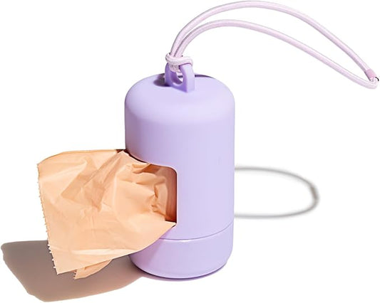 Wild One Dog Poop Bag Holder and Dispenser with Leash Attachment, Leak Proof, Easy Twist Top for Refills, Includes 1 Roll Bags, Lilac