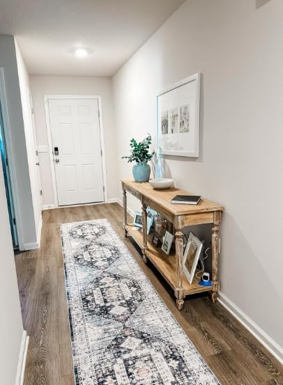 RUUGME 2'6x12 Washable Runner Rug - Hallway Runner Rugs Non Slip Stain Resistant Rug Runner for Kitchen Laundry Room Vintage Distressed Mat Floor Decor Carpet for Bathroom (2'6''x12', Deep Blue)