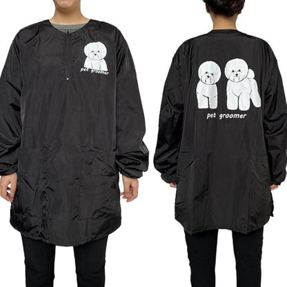 Dog Grooming Smock for Men Women, Anti-Static Smock for Pet Shop Dog Cat Grooming, Long Sleeves, Water Resistant, (Black with Print Bichon L)