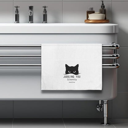 Silent Judgement Cat Kitchen Towels - Quick-Dry Whimsical Observer Feline Art Hand Cloth, Decorative Dish Towel with Observing Pet Design for Cat Ladies & Pet Moms | Amusing Home Accent & Novelty Gift