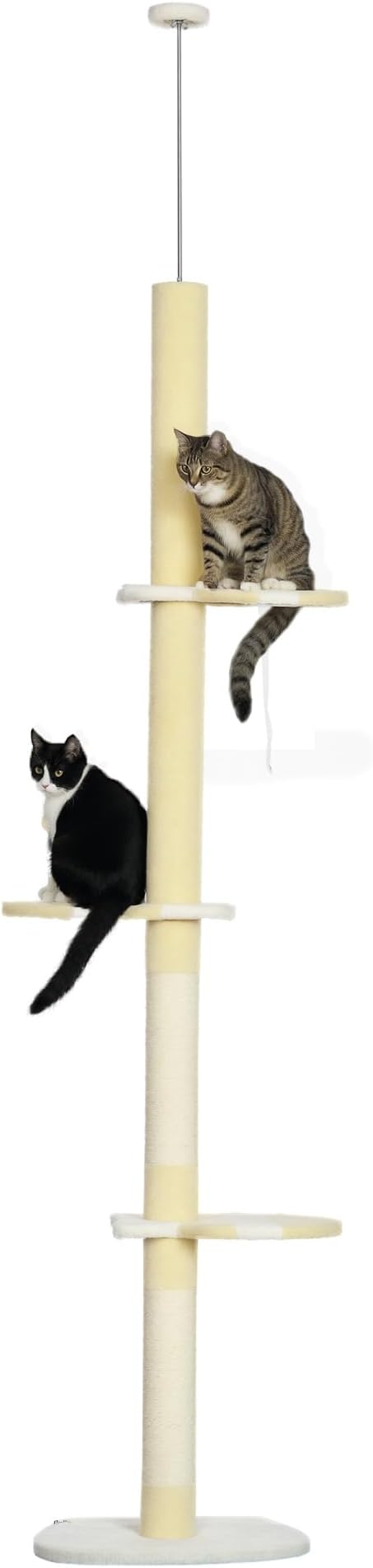 PawHut 87"-103" Floor to Ceiling Cat Tree, 4 Tier Tall Height Adjustable Cat Tower with Plush Platforms, Sisal Scratching Posts, Toy Ball, for Indoor Cats, Yellow