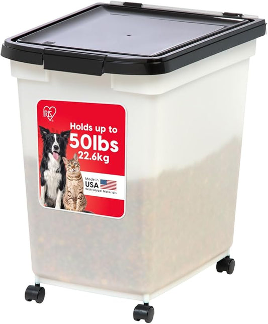 IRIS USA Dog Food Storage Container 50 lbs, with Removable Rolling Wheels, for Dog Cat Bird and Other Pets, Food Storage Bin, Keep Fresh, Made in USA, Pearl/Black