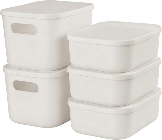 ANMINY 5PCS Plastic Storage Bins Containers with Lids, Large Storage Organization Bins Boxes, Lidded Plastic Storage Baskets for Closet Shelves Desktop, White Lids, 2M + 3S