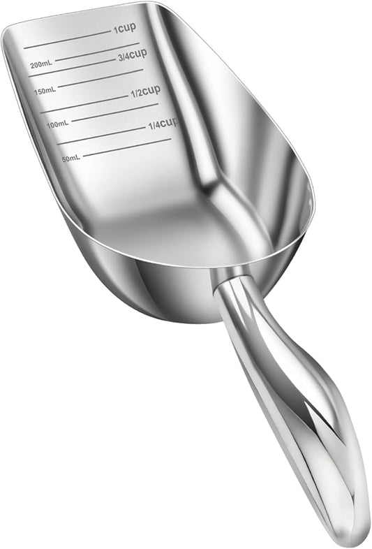 Stainless Steel Cat-Dog Food-Scoop Measuring 1-Cup, Pet Food Scoop with Measuring Lines For Dogs, Cats, And Kitchen Use, Dishwasher Safe