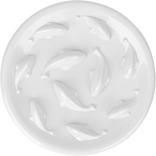 Slow Feeder Bowl for Cats and Small Dogs,Cilkus Fish Pool Design, Fun Interactive Bloat Stop Puzzle Feeder Bowl Healthy Eating Diet Made of Melamine Food Grade Material Dishwasher Safe (White)