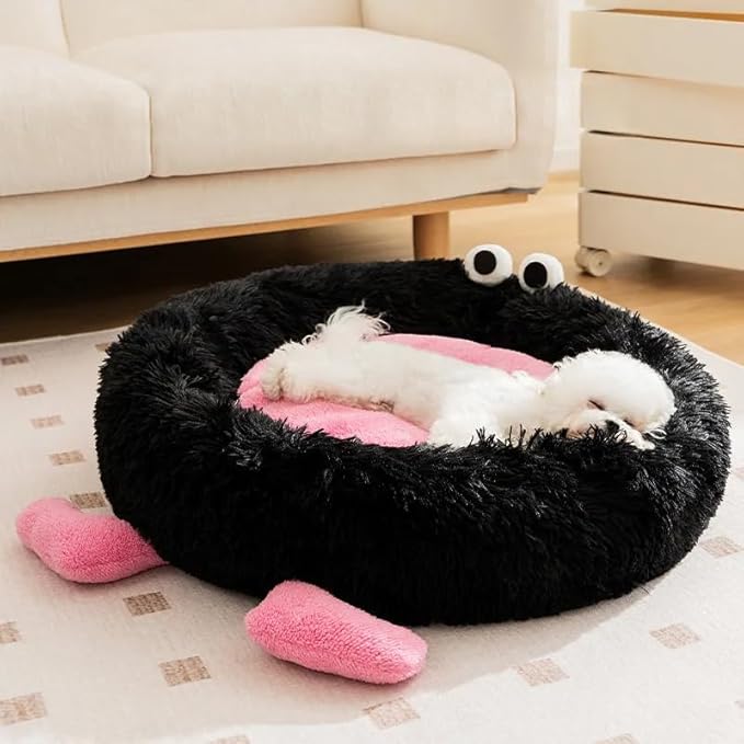 Calming Cat Bed for Anxiety - Cozy Donut Dog Bed with Warming & Machine Washable, Soft Faux Fur Plush Round Cushion for Small Medium Cats & Small Dogs, 21.6 Inches