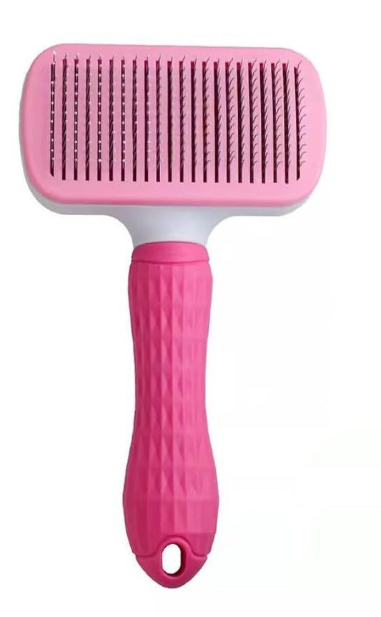 Pet hair grooming square brush with Massage Particles, Self Cleaning Dematting Comb Dogs and Cats, Easy to Use, Ergonomic Handle Design (Pink)