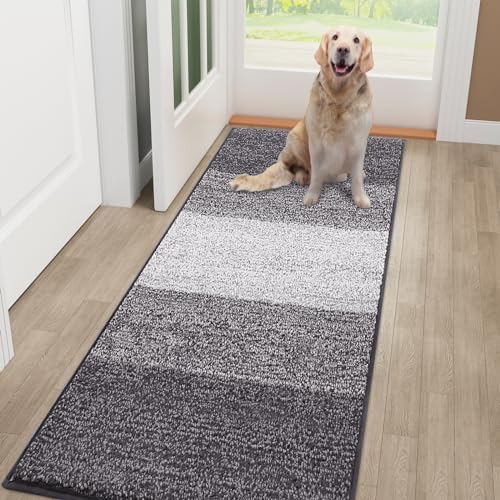 Smiry Dog Door Mat for Muddy Paws, Absorbs Moisture and Dirt, Low-Profile Entryway Mat with Non-Slip Backing, Entry Indoor Outdoor Doormat for Inside Floor (48x32 Inches, Light Grey, Striped)
