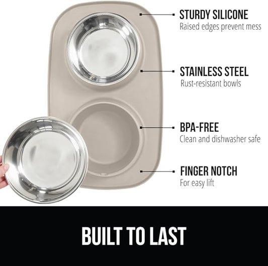 GORILLA GRIP Feeding Mat Bowl Set, 4 Cup 100% Waterproof BPA Free Silicone Base, 304 Stainless Steel Cat and Dog Bowls for Food and Water, Slip Resistant, High Edge, US Designed, Patent Pending, Beige