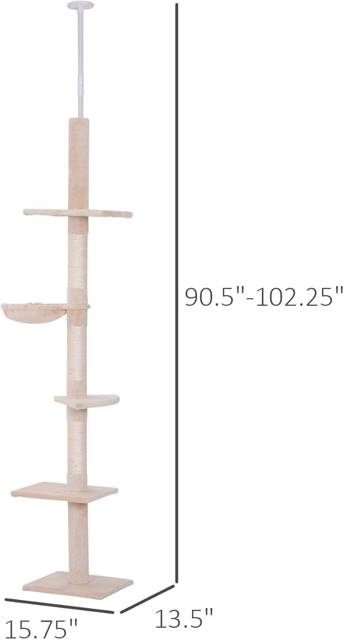 PawHut 102" Adjustable Height Floor to Ceiling Cat Tree, 5 Level Cat Tower with Scratching Posts, Hammock, Beige