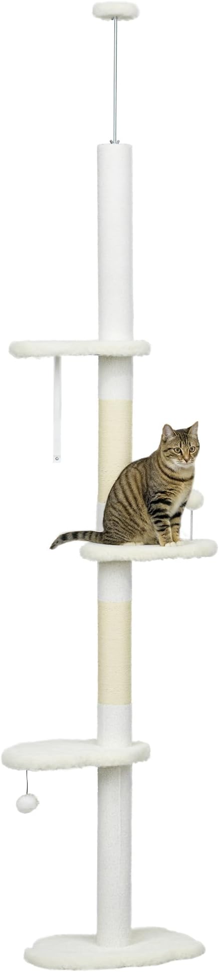 PawHut Floor to Ceiling Cat Tree with Scratching Posts, 88.5"-100.5" Adjustable Height, Cat Climbing Tower with Cloud Shape Platforms, Toy Balls, Anti-toppling Device, White