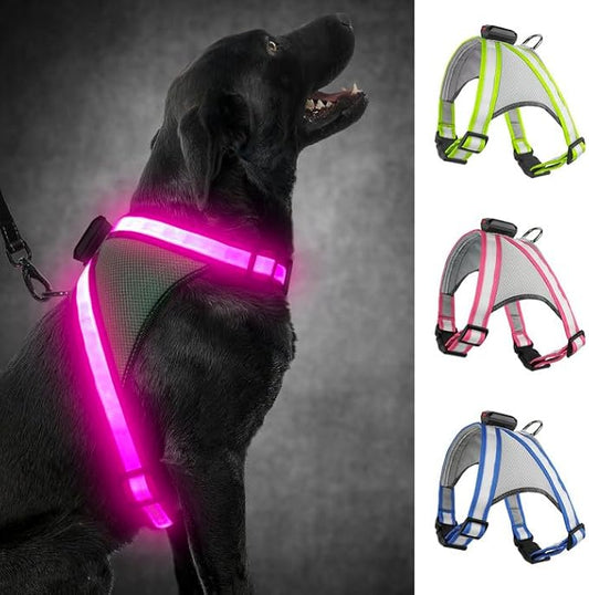 Visinite LED Dog Harness, USB Rechargeable Light Up Dog Vest, 2 Illuminate Modes Glow in The Dark Dog Harness, Adjustable Lighted Pet Harness Light for Night Walking Safety (Pink, M)