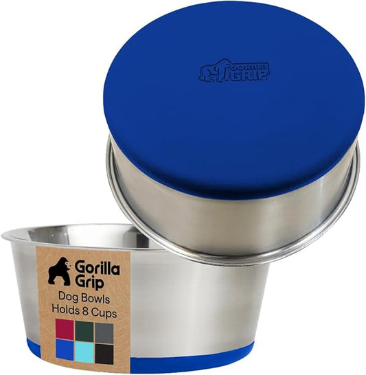 GORILLA GRIP Dog Bowls, Heavy Duty 304 Stainless Steel, Holds 8 Cups Each (64 fl oz) Food and Water Bowl for Feeding Dogs and Cats, Dishwasher Safe, Rust Resistant, BPA Free Rubber Base Set of 2 Blue