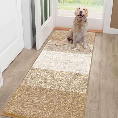 Smiry Dog Door Mat for Muddy Paws, Absorbs Moisture and Dirt, Low-Profile Entryway Mat with Non-Slip Backing, Entry Indoor Outdoor Doormat for Inside Floor (48x32 Inches, Beige, Striped)