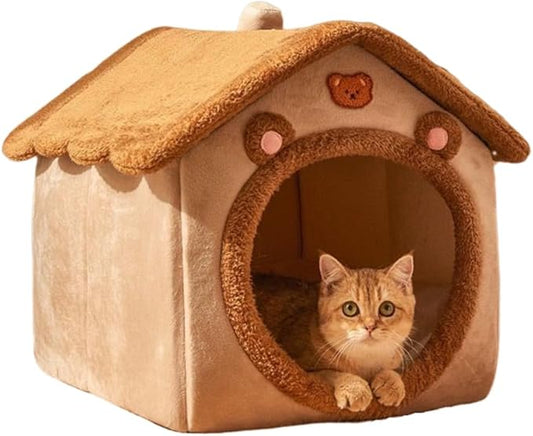 Cat Bed for Indoor Cats, Cozy Cave Bed Cat House Cats Tent with Removable Cushion Pillow, Soft Warm Pet House, Cute Bear Pet Nest for Kitten Small Dogs (Brown, M-18.1x14.57x15.75 Inches)