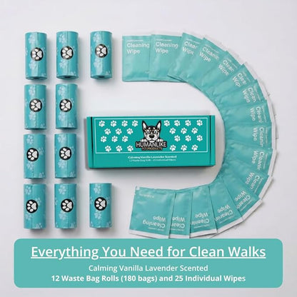 Dog Poop Bags and Wipes (2 in 1) - 180 Vanilla Lavender Scented Dog Waste Bags (12 Rolls) + 25 Individual Pet Wipes. Dog Walking Kit for Pet Owners, Cat Litter, Dog Leash, Pet Supplies, Puppy Pads.