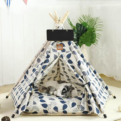 Stylish Pet Teepee Tent with Removable Cushion, Foldable Cat & Dog Tent House with Solid Wood Frame for Indoor Use (Multiple Patterns & Sizes)(C,S)