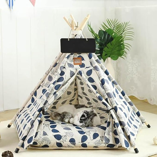 Stylish Pet Teepee Tent with Removable Cushion, Foldable Cat & Dog Tent House with Solid Wood Frame for Indoor Use (Multiple Patterns & Sizes)(C,S)