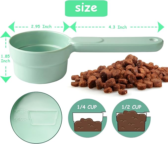 Dog Cat Food Scoop - Pet Food Scoop Dog Food Measuring Cup 1/2 1/4 Cup, Comfortable Long Handle for Easy to Scoop Food, Mint Green 1/2 Cup