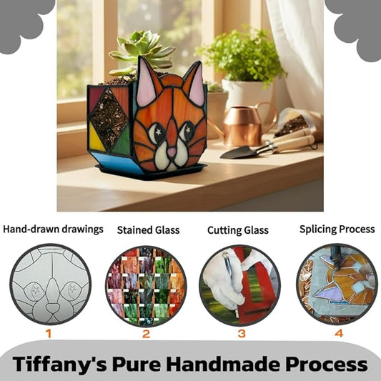 Star Orange Cat Planter, Stained Glass Flower Pot, Art Deco Style, Indoor Plant Container with Drainage Hole, 4.6x3x5.15 Inches