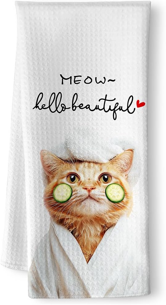 Cat Kitchen Towels - Quick-Dry Funny Bathroom Hand Towels with Cucumber Mask Feline Art, Decorative Dish Towel for Self-Care Enthusiasts & Pet Moms | Home Accent & Crazy Cat Lady Gifts