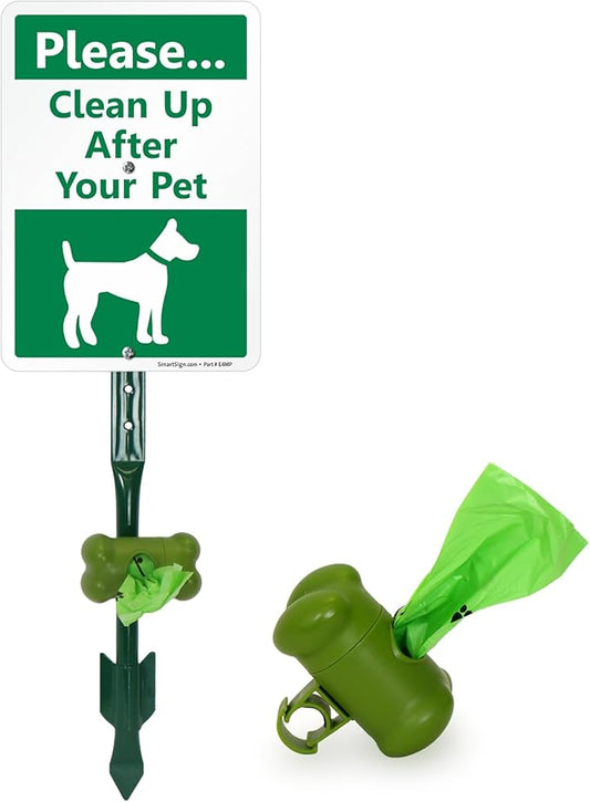 SmartSign Please Clean Up After Your Pet Yard Sign & Clip-On Dispenser Combo/Kit, 7"x10" Rust-proof Aluminum Sign with 18-inch Steel Stake, Compact Dispenser Preloaded with a 15 Dog Poop Bags Roll