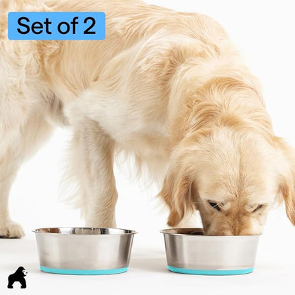 GORILLA GRIP Dog Bowls, Heavy Duty 304 Stainless Steel Holds 6 Cups Each (48 fl oz) Food and Water Bowl for Feeding Dogs and Cats Dishwasher Safe Rust Resistant BPA Free Rubber Base Set of 2 Turquoise