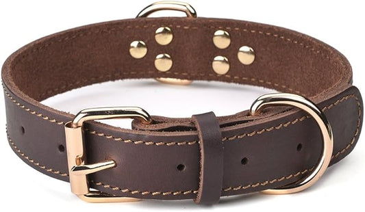Leather Dog Collar, Heavy Duty, Wide, for Large Dog, Single Stitch - Brown